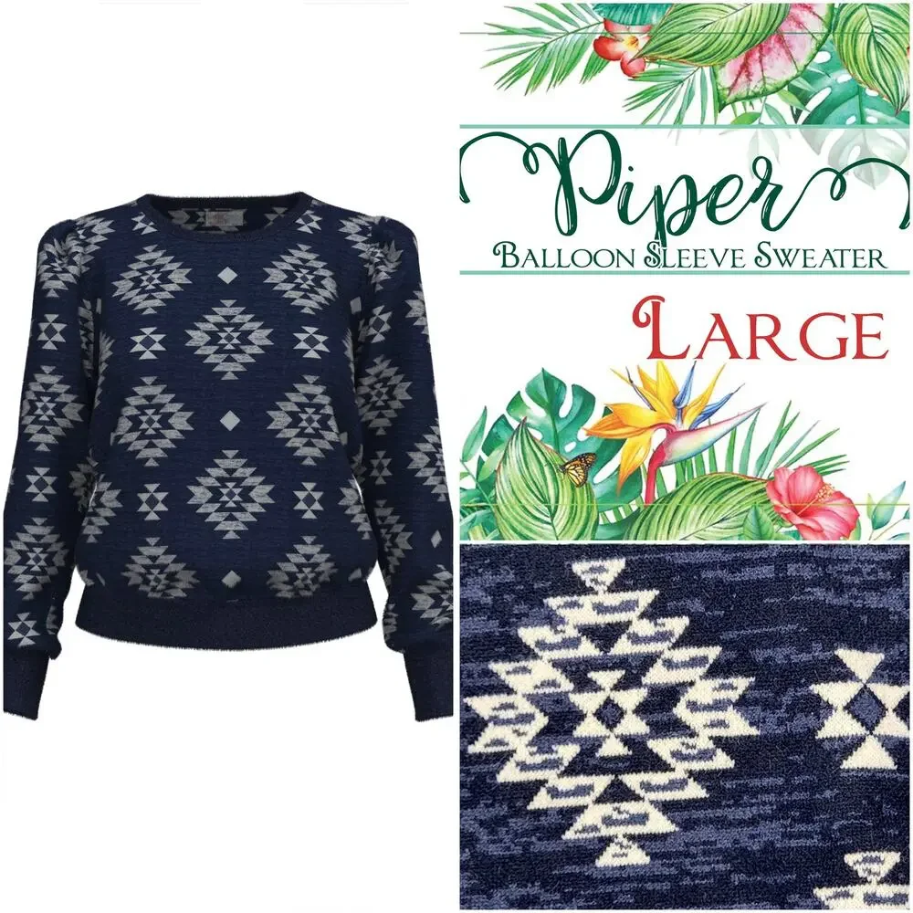 LuLaRoe Southwestern Piper Large NEW Navy Blue Cream Balloon Sleeve Sweater
